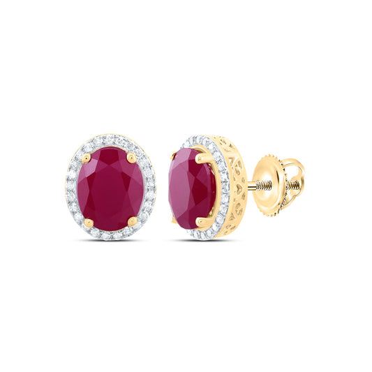 10kt Yellow Gold 3/8 Cttw Natural Diamond 10x8 Mm Oval Ruby Synthetic Earring