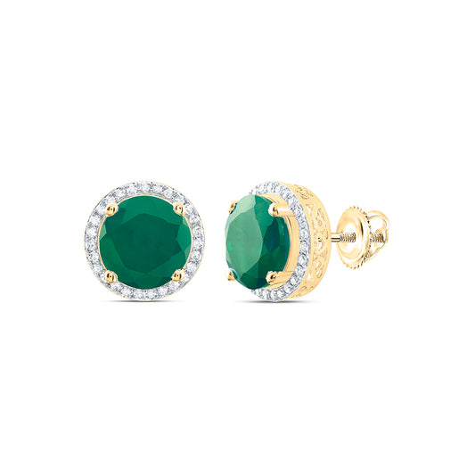 10kt Yellow Gold 3/8 Cttw Natural Diamond 10 Mm Round Emerald Synthetic Earring