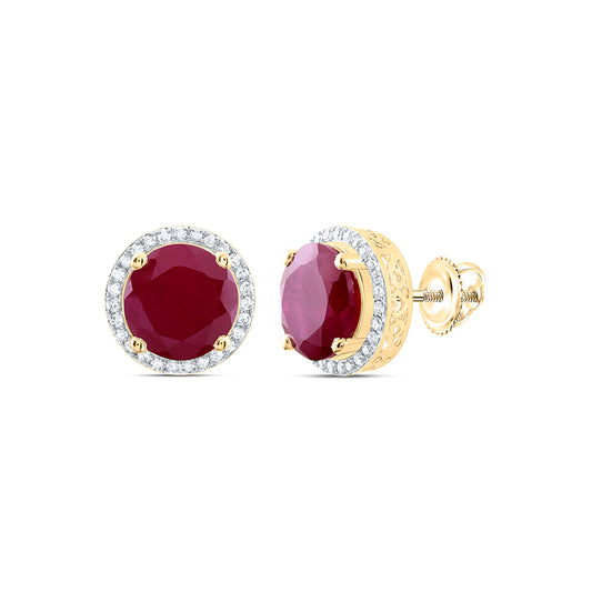 10kt Yellow Gold 3/8 Cttw Natural Diamond 10 Mm Round Ruby Synthetic Earring