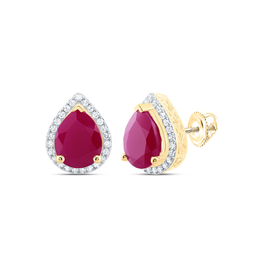 10kt Yellow Gold 3/8 Cttw Natural Diamond 10x8 Mm Pear Ruby Synthetic Earring
