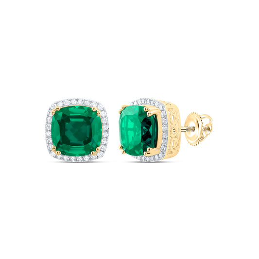 10kt Yellow Gold 1/2 Cttw Natural Diamond 10x10 Mm Cushion Emerald Synthetic Earring
