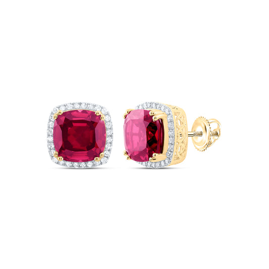 10kt Yellow Gold 1/2 Cttw Natural Diamond 10x10 Mm Cushion Ruby Synthetic Earring