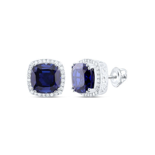 10kt White Gold 1/2 Cttw Natural Diamond 10x10 Mm Cushion Blue Sapphire Synthetic Earring