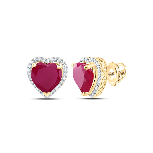 10kt Yellow Gold 3/8 Cttw Natural Diamond 10x10 Mm Heart Ruby Synthetic Earring