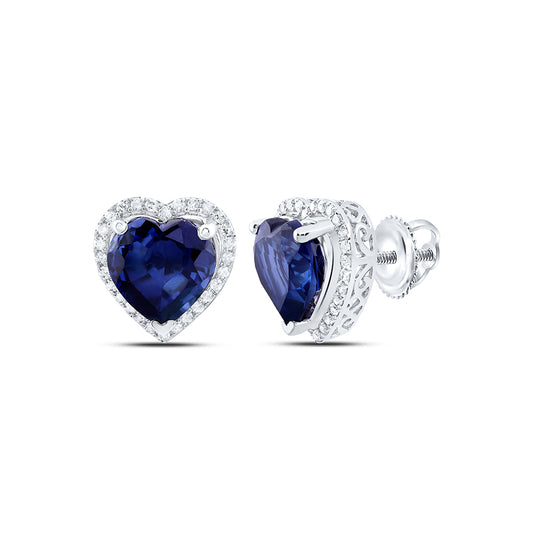10kt White Gold 3/8 Cttw Natural Diamond 10x10 Mm Heart Blue Sapphire Synthetic Earring