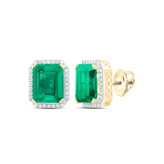 10kt Yellow Gold 1/3 Cttw Natural Diamond 10x8 Mm Emerald Emerald Synthetic Earring