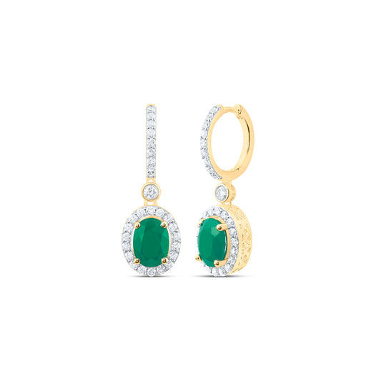 10kt Yellow Gold 3/4 Cttw Natural Diamond 8x6 Mm Oval Emerald Synthetic Dangling Earring