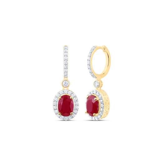 10kt Yellow Gold 3/4 Cttw Natural Diamond 8x6 Mm Oval Ruby Synthetic Dangling Earring