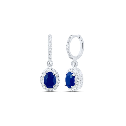 10kt White Gold 3/4 Cttw Natural Diamond 8x6 Mm Oval Blue Sapphire Synthetic Dangling Earring
