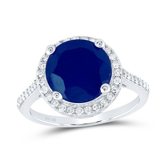 10kt White Gold 1/3 Cttw Natural Diamond 10 Mm Round Blue Sapphire Synthetic Wedding Engagement Anniversary Ring, Women Size: 5-9