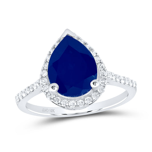 10kt White Gold 1/3 Cttw Natural Diamond 10x8 Mm Pear Blue Sapphire Synthetic Wedding Engagement Anniversary Ring, Women Size: 5-9