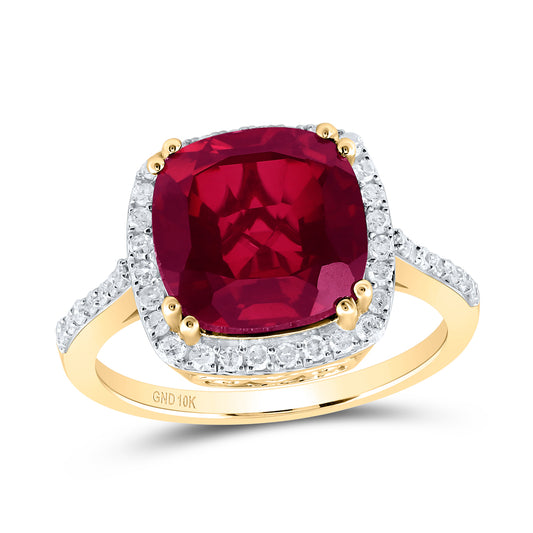 10kt Yellow Gold 1/3 Cttw Natural Diamond 10x10 Mm Cushion Ruby Synthetic Wedding Engagement Anniversary Ring, Women Size: 5-9