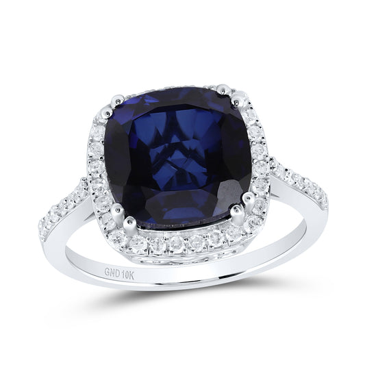 10kt White Gold 1/3 Cttw Natural Diamond 10x10 Mm Cushion Blue Sapphire Synthetic Wedding Engagement Anniversary Ring, Women Size: 5-9