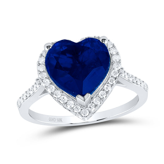 10K White Gold 1/3 Ctw Natural Diamond 10X10 MM Heart Blue Sapphire Synthetic Ring, Womens Size: 5-9