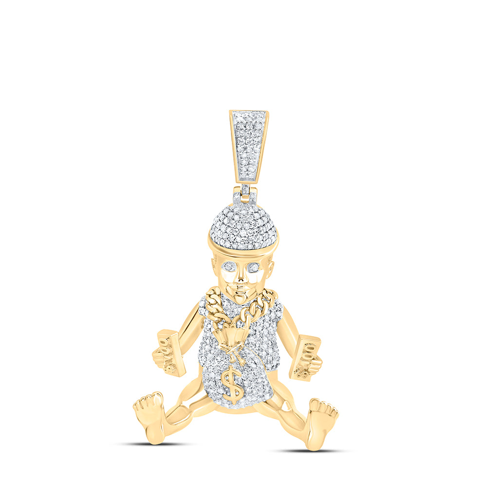10K Yellow Gold 1 1/5Ctw Natural Diamond Baby Dollar Money Bag Mens Charm