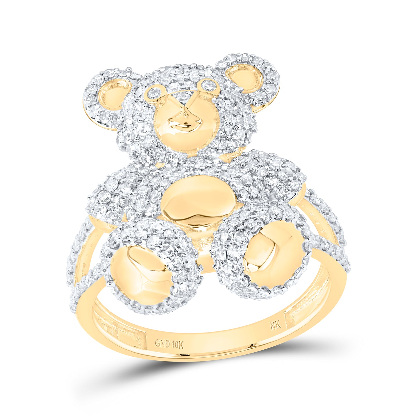 10kt Yellow Gold 1 1/2 Cttw Natural Diamond Teddy Bear Ladies Wedding Engagement Anniversary Ring, Women Size: 5-9