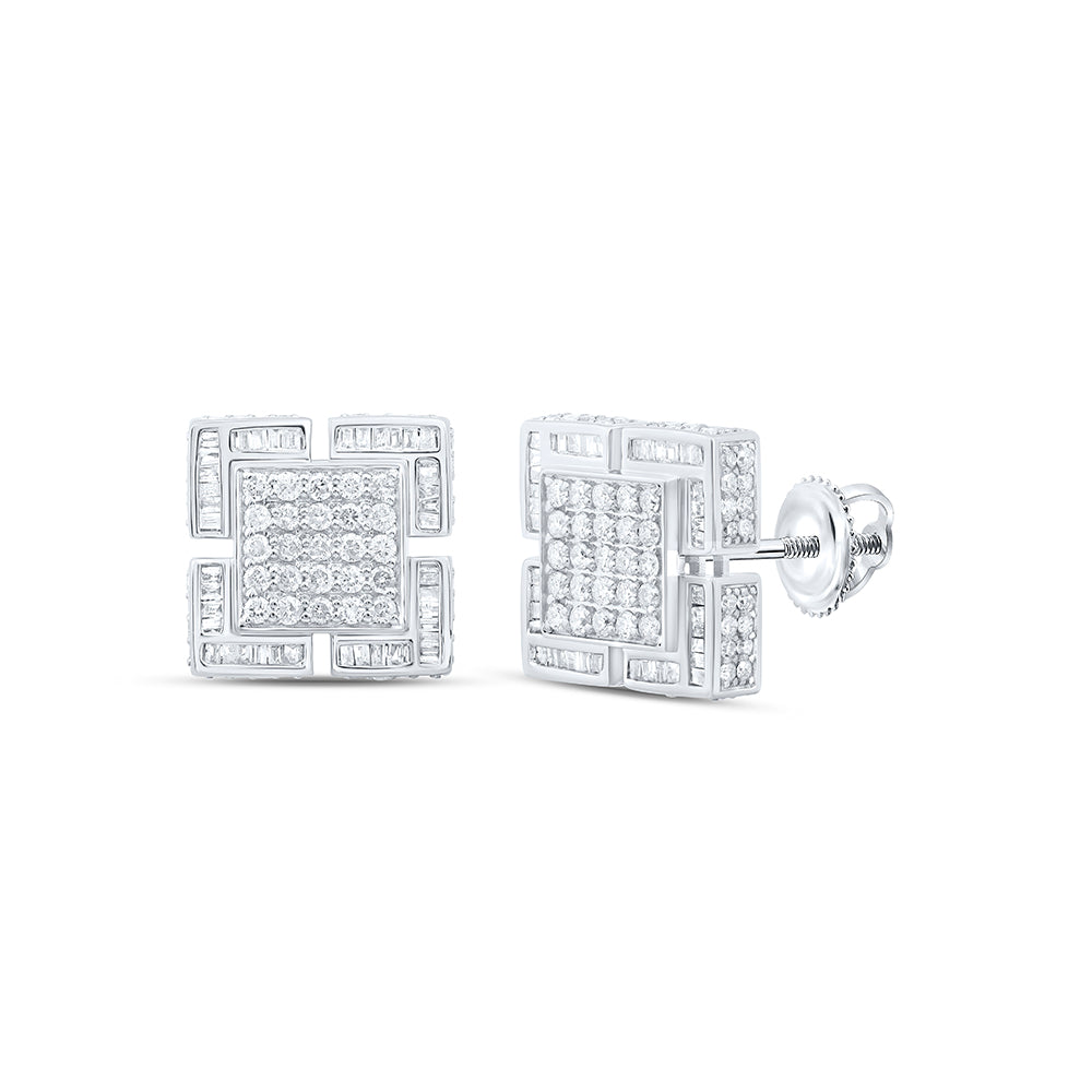 10K White Gold 1 5/8Ctw Natural Diamond P1 Square Mens Earring