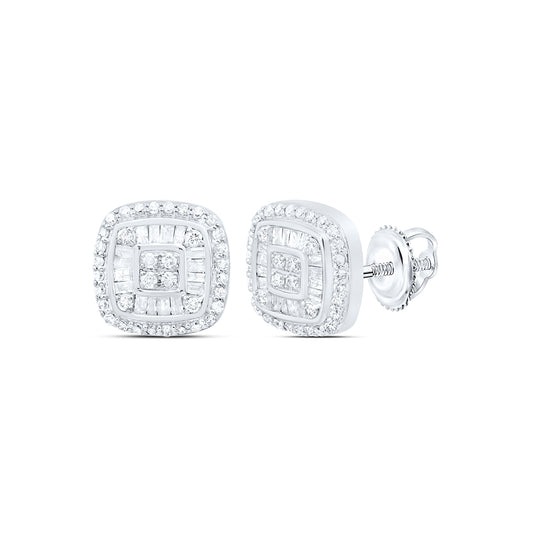 10kt White Gold 3/4 Cttw Natural Diamond Cushion Mens Earring