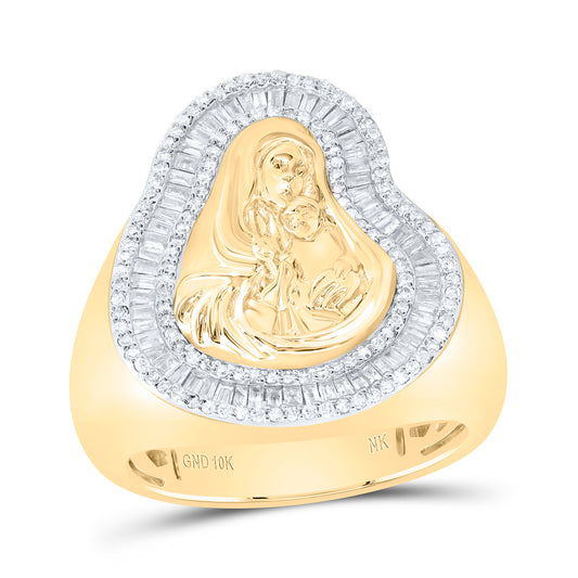 10kt Yellow Gold 3/4 Cttw Natural Diamond Mother Mary Mens Ring, Men Size: 8-12