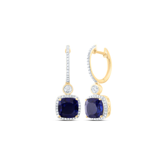 10kt Yellow Gold 1/2 Cttw Natural Diamond 8 Mm Cushion Blue Sapphire Synthetic Dangling Earring