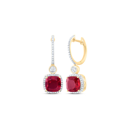 10kt Yellow Gold 1/2 Cttw Natural Diamond 8 Mm Cushion Ruby Synthetic Dangling Earring