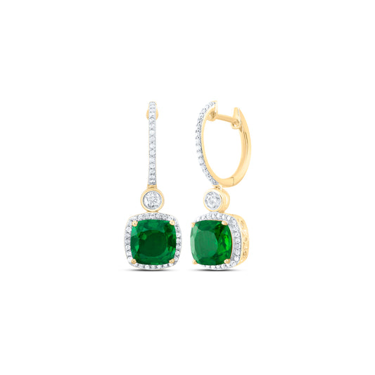 10kt Yellow Gold 1/2 Cttw Natural Diamond 8 Mm Cushion Emerald Synthetic Dangling Earring