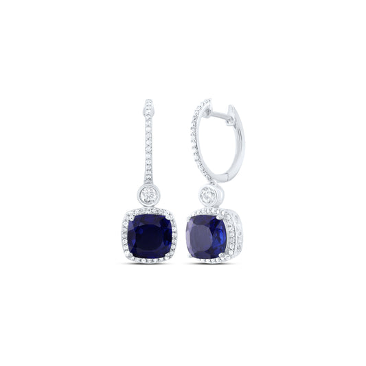 10kt White Gold 1/2 Cttw Natural Diamond 8 Mm Cushion Blue Sapphire Synthetic Dangling Earring