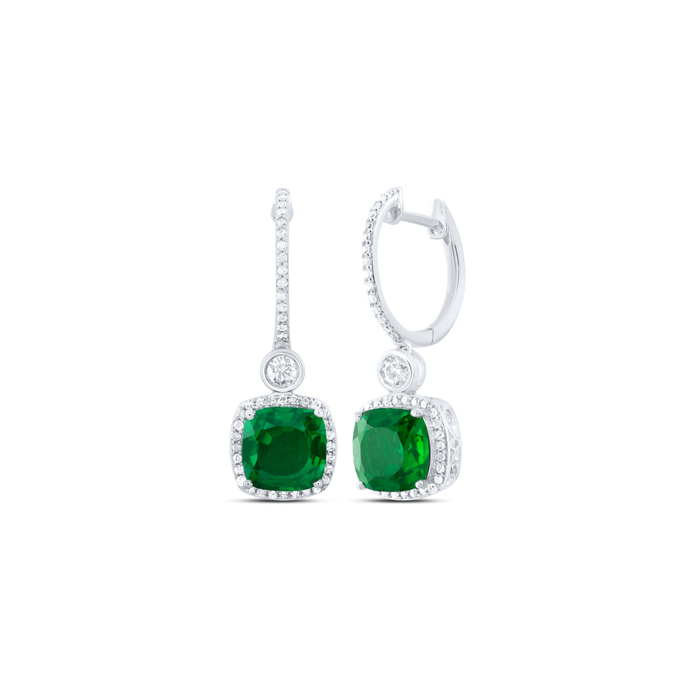10kt White Gold 1/2 Cttw Natural Diamond 8 Mm Cushion Emerald Synthetic Dangling Earring
