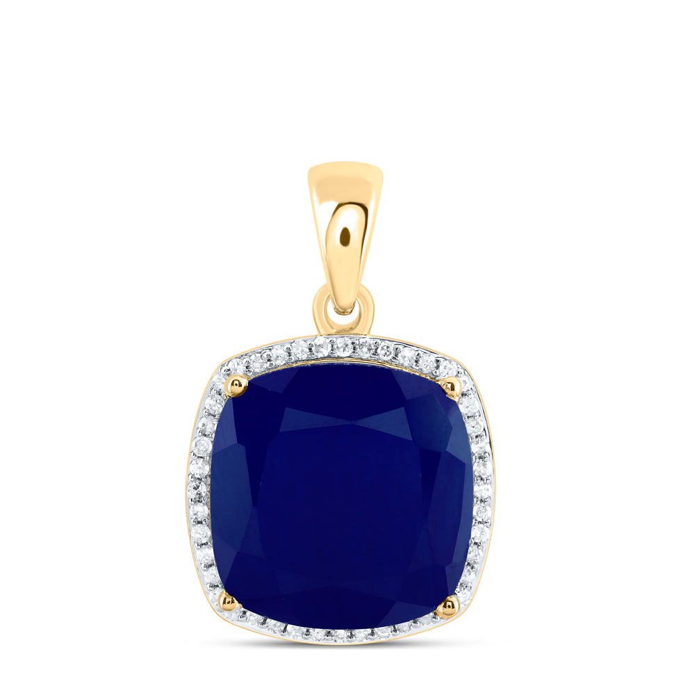 10K Yellow Gold 1/5Ctw Natural Diamond P1 13X13Mm Cushion Blue Sapphire Synthetic Pendant