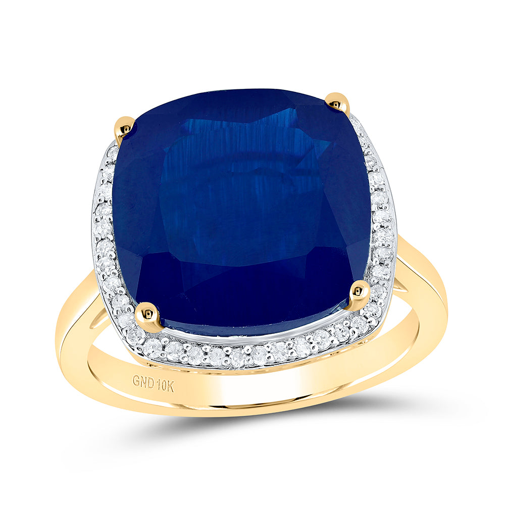 10K Yellow Gold 1/5Ctw Natural Diamond P1 13X13Mm Cushion Blue Sapphire Synthetic Ring