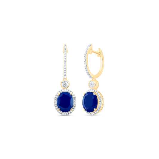 10kt Yellow Gold 5/8 Cttw Natural Diamond 10x8 Mm Oval Blue Sapphire Synthetic Dangling Earring