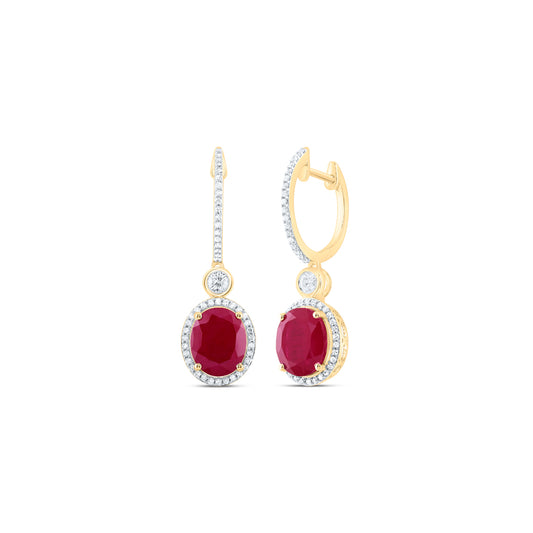 10kt Yellow Gold 5/8 Cttw Natural Diamond 10x8 Mm Oval Ruby Synthetic Dangling Earring