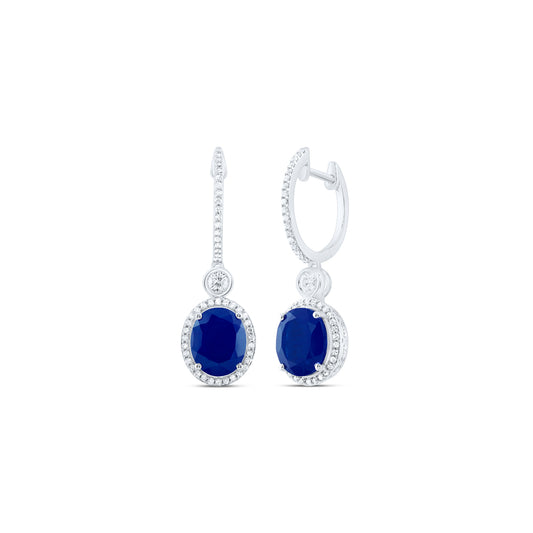10kt White Gold 5/8 Cttw Natural Diamond 10x8 Mm Oval Blue Sapphire Synthetic Dangling Earring