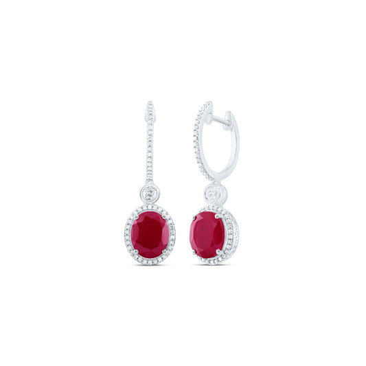 10kt White Gold 5/8 Cttw Natural Diamond 10x8 Mm Oval Ruby Synthetic Dangling Earring