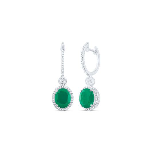 10kt White Gold 5/8 Cttw Natural Diamond 10x8 Mm Oval Emerald Synthetic Dangling Earring