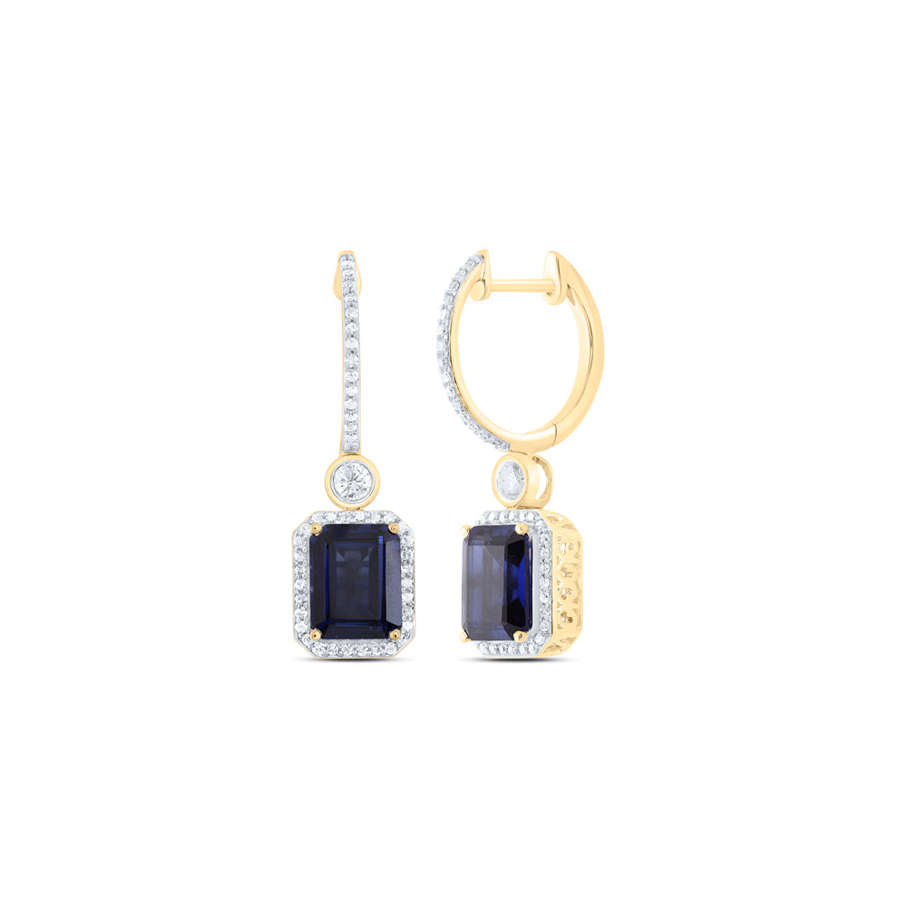 10K Yellow Gold 1/2Ctw Natural Diamond P1 9X7Mm Emerald Blue Sapphire Synthetic Dangling Earring