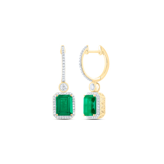 10kt Yellow Gold 1/2 Cttw Natural Diamond 9x7 Mm Emerald Emerald Synthetic Dangling Earring