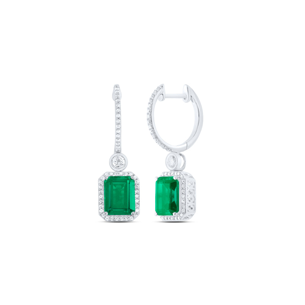 10kt White Gold 1/2 Cttw Natural Diamond 9x7 Mm Emerald Emerald Synthetic Dangling Earring