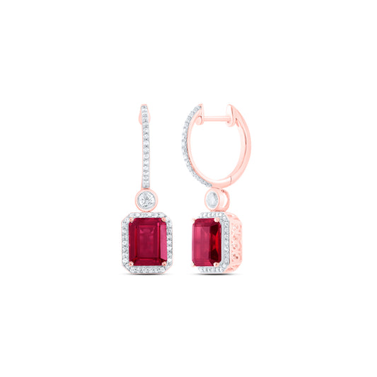 10K Rose Gold 1/2Cttw Natural Diamond 9X7 Mm Emerald Ruby Synthetic Dangling Earring