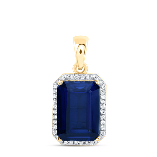 10kt Yellow Gold 1/6 Cttw Natural Diamond 13x9 Mm Emerald Blue Sapphire Synthetic Pendant