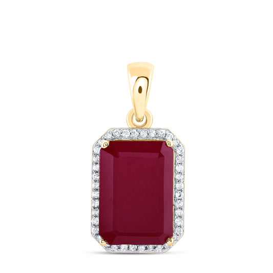 10kt Yellow Gold 1/6 Cttw Natural Diamond 13x9 Mm Emerald Ruby Synthetic Pendant