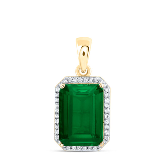 10kt Yellow Gold 1/6 Cttw Natural Diamond 13x9 Mm Emerald Emerald Synthetic Pendant