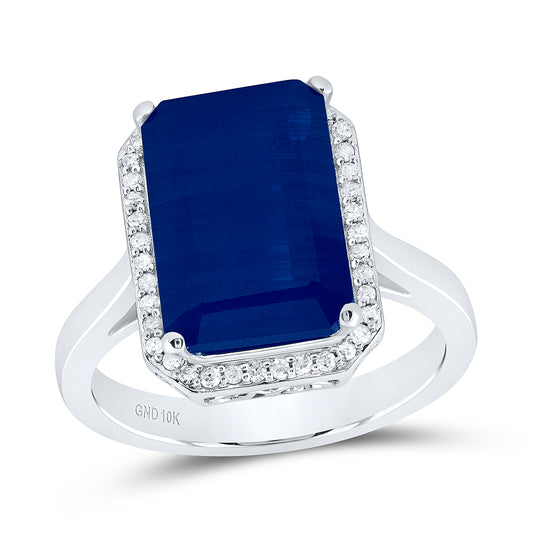 10kt White Gold 1/6 Cttw Natural Diamond 13x9 Mm Emerald Blue Sapphire Synthetic Wedding Engagement Anniversary Ring, Women Size: 5-9