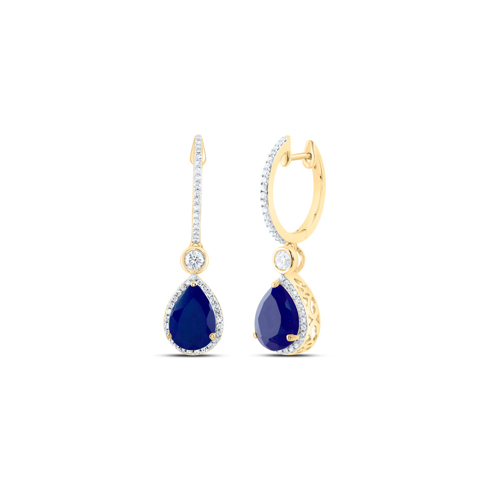 10K Yellow Gold 1/2Ctw Natural Diamond P1 10X7Mm Pear Blue Sapphire Synthetic Dangling Earring
