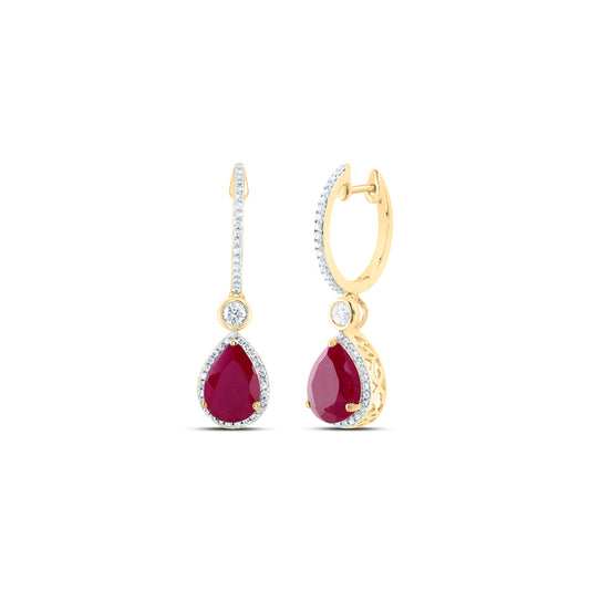 10kt Yellow Gold 1/2 Cttw Natural Diamond 10x7 Mm Pear Ruby Synthetic Dangling Earring