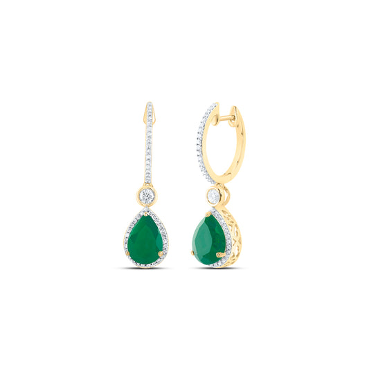 10kt Yellow Gold 1/2 Cttw Natural Diamond 10x7 Mm Pear Emerald Synthetic Dangling Earring