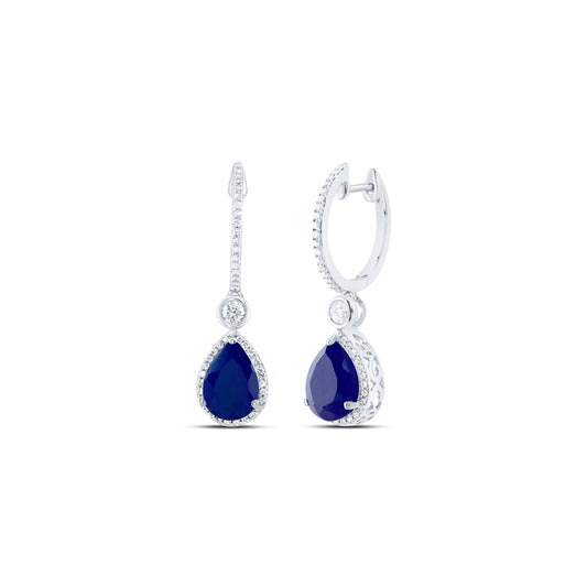 10kt White Gold 1/2 Cttw Natural Diamond 10x7 Mm Pear Blue Sapphire Synthetic Dangling Earring