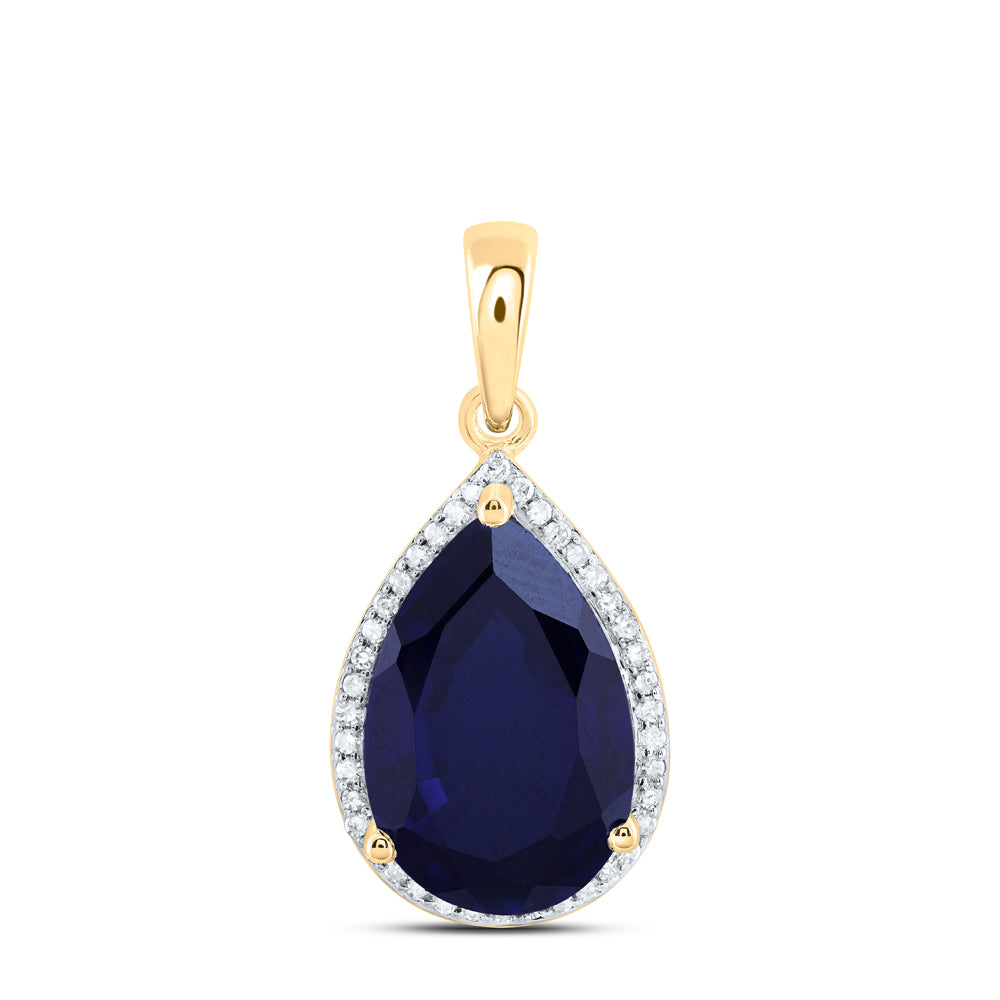 10kt Yellow Gold 1/6 Cttw Natural Diamond 15x10 Mm Pear Blue Sapphire Synthetic Pendant