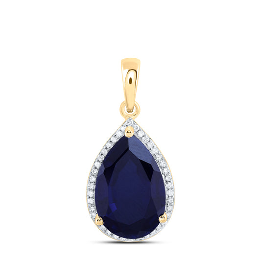 10kt Yellow Gold 1/6 Cttw Natural Diamond 15x10 Mm Pear Blue Sapphire Synthetic Pendant