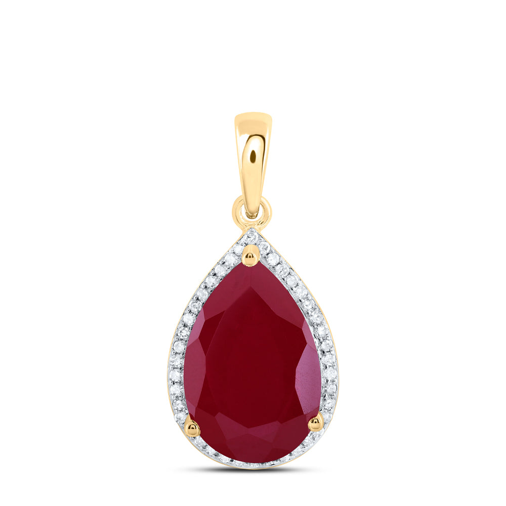 10kt Yellow Gold 1/6 Cttw Natural Diamond 15x10 Mm Pear Ruby Synthetic Pendant